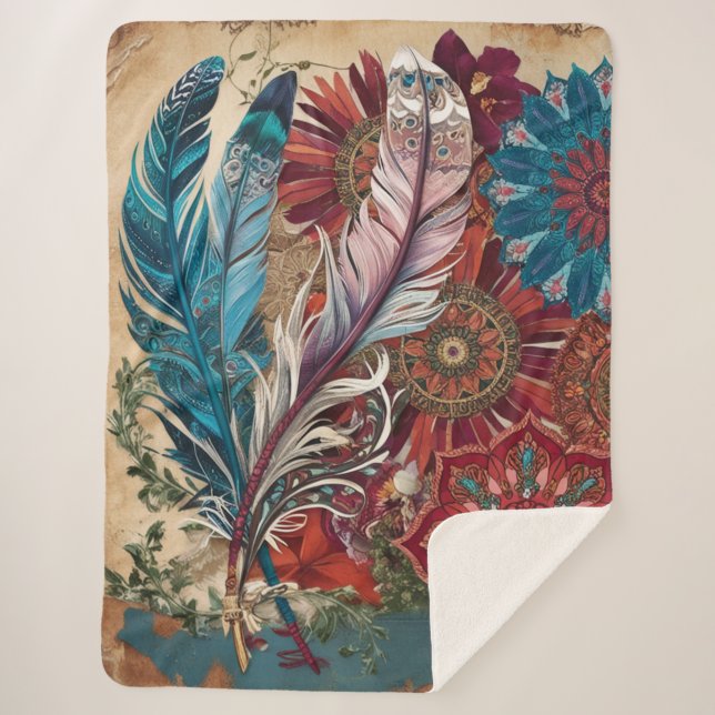 Cobertor Sherpa Boho Chic Mandala Feathers Misterioso (Frente)
