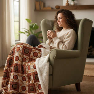 Cobertor Sherpa Boho Crochet Granny Square Floral Retro 