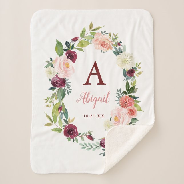 Cobertor Sherpa Boho Floral Wreath Burgundy Sherpa Blanket (Frente)