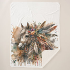 Cobertor Sherpa Boho Horse with feathers