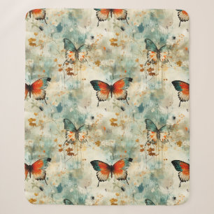 Cobertor Sherpa Boho Laranja Azul-marinho Borboleta Flor Silvestre