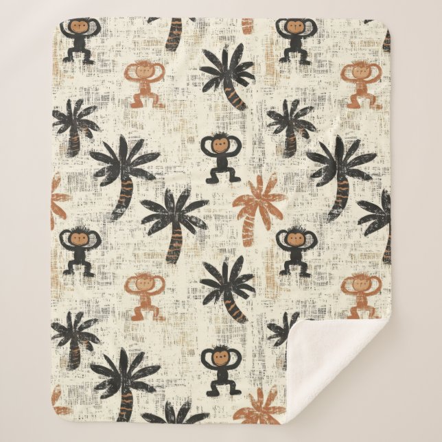 Cobertor Sherpa Boho Monkey Jungle Safari Pattern (Frente)