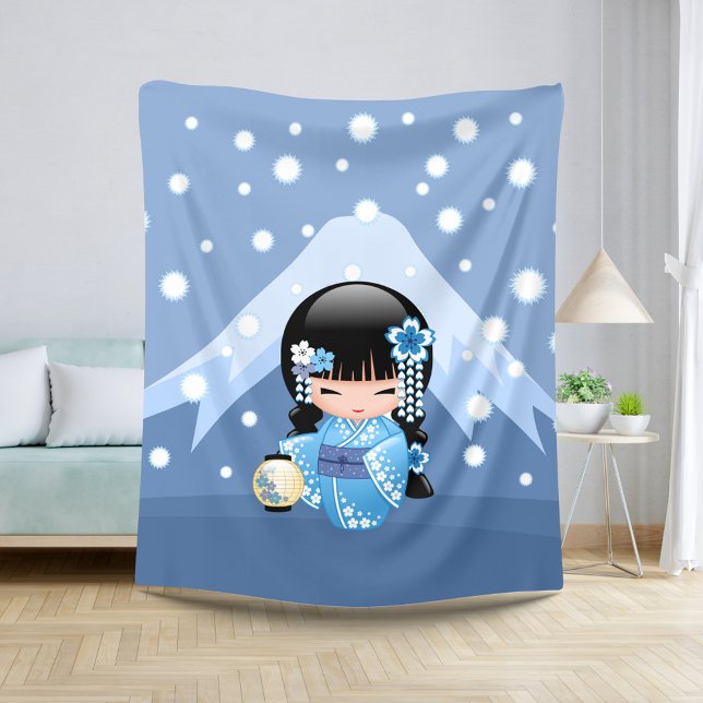 Cobertor Sherpa Boneca de inverno Kokeshi - Garota Geisha Blue Mou (Criador carregado)