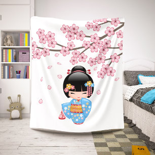 Cobertor Sherpa Boneca de Maiko Kokeshi - menina de gueixa azul do