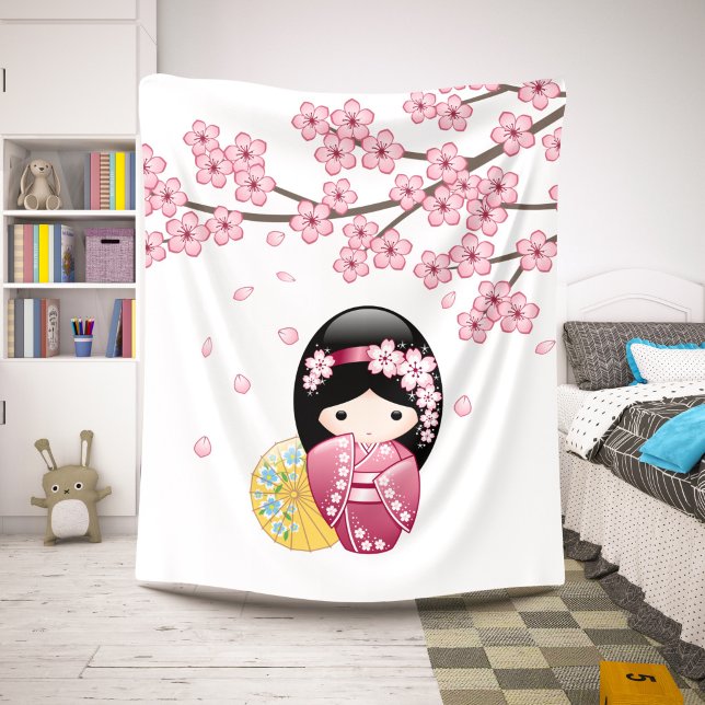 Cobertor Sherpa Boneca Kokeshi da Primavera - Garota Geisha Japone (Criador carregado)