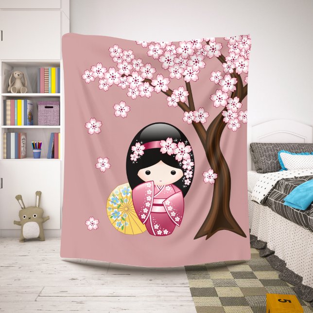 Cobertor Sherpa Boneca Kokeshi da Primavera - Geisha Japonesa Fofa (Criador carregado)