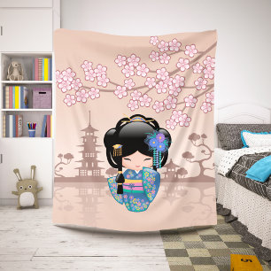 Cobertor Sherpa Boneca Kokeshi Keiko - Garota Geisha de Quimono Az