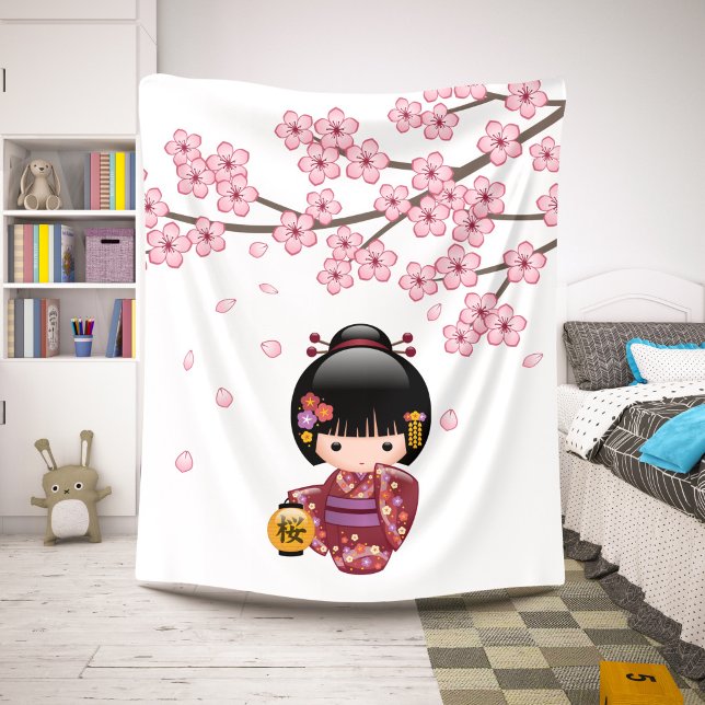 Cobertor Sherpa Boneca Kokeshi Sakura - Garota Geisha Japonesa Fof (Criador carregado)