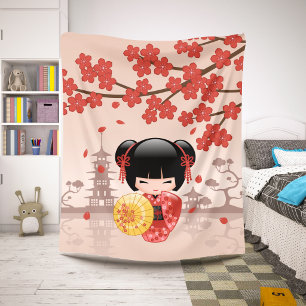 Cobertor Sherpa Boneca Kokeshi Sakura Vermelha Garotinha Geisha Fo