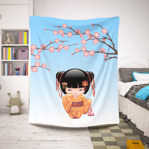 Cobertor Sherpa Boneca Kokeshi Ume - Garota Geisha Japonesa Azul