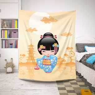 Cobertor Sherpa Boneca Maiko Kokeshi Garota Geisha Fofa Amarela