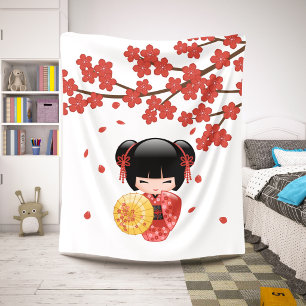 Cobertor Sherpa Boneca Red Sakura Kokeshi - Garota Gisha Bonita
