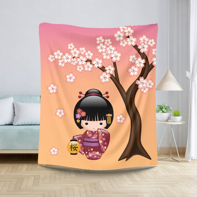 Cobertor Sherpa Boneca Sakura Kokeshi - Garota Geisha em Pêssego (Criador carregado)