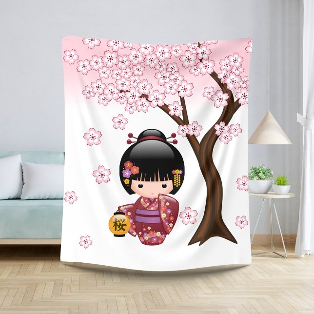 Cobertor Sherpa Boneca Sakura Kokeshi - Garota Geisha Japonesa Bon (Criador carregado)