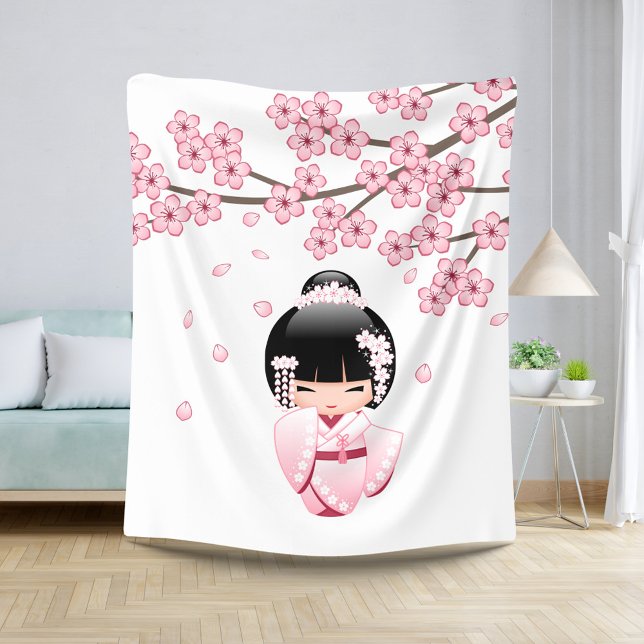 Cobertor Sherpa Boneca White Kimono Kokeshi - Garota Gisha Bonita (Criador carregado)