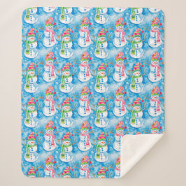 Cobertor Sherpa Boneco de Neve Aquarela Azul Natal Adorável