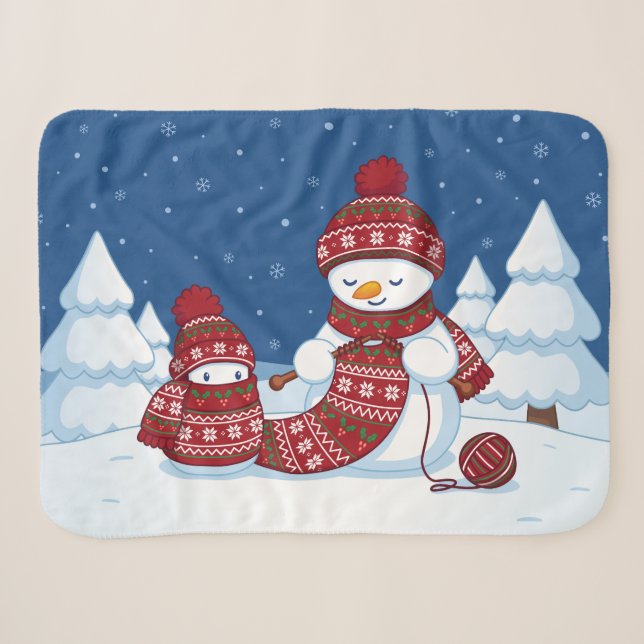 Cobertor Sherpa Boneco de Neve Tricotando Cachecol de Natal (Frente (Horizontal))