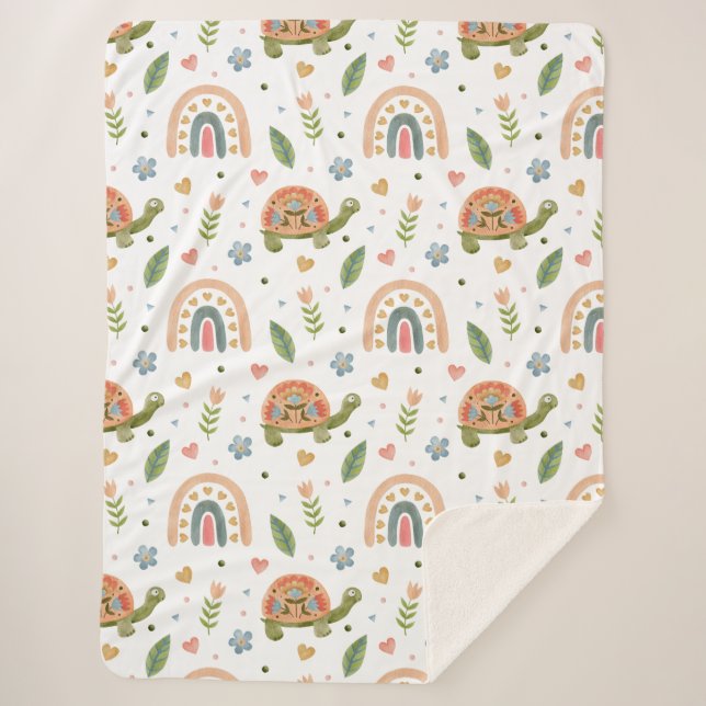 Cobertor Sherpa Bonito Aquarela Tartaruga e Padrão Arco-Íris (Frente)