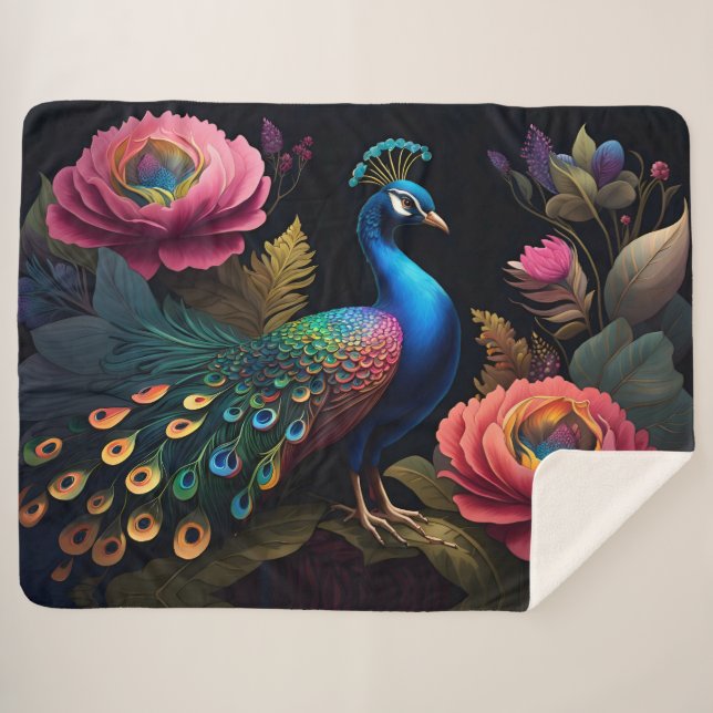 Cobertor Sherpa Bonito como Pavão em Peônias (Frente (Horizontal))
