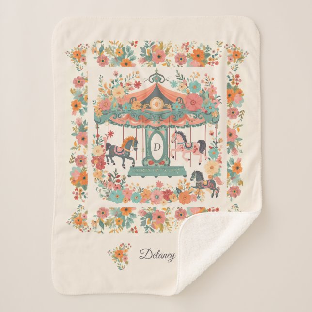 Cobertor Sherpa Bonito Monograma Personalizado de Carrossel Horse  (Frente)