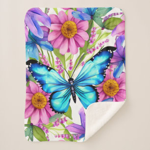 Cobertor Sherpa Borboleta Azul em Campo de Flores