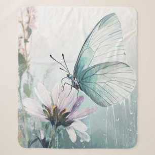 Cobertor Sherpa Borboleta Azul-Mint Suave Floral Pastel