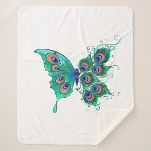 Cobertor Sherpa Borboleta com Penas de Pavão Verde