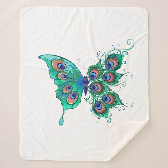 Cobertor Sherpa Borboleta com Penas de Pavão Verde (Frente)