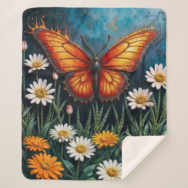 Cobertor Sherpa Borboleta em chamas fantasia de arte branca camomi (Frente)