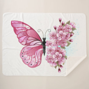 Cobertor Sherpa Borboleta Flor com Sakura Rosa
