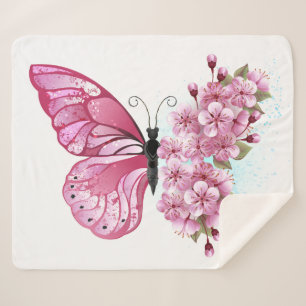 Cobertor Sherpa Borboleta Flor com Sakura Rosa
