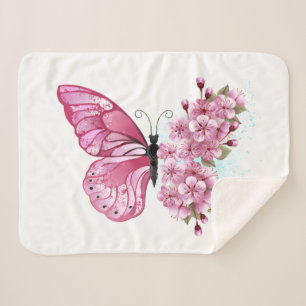 Cobertor Sherpa Borboleta Flor com Sakura Rosa