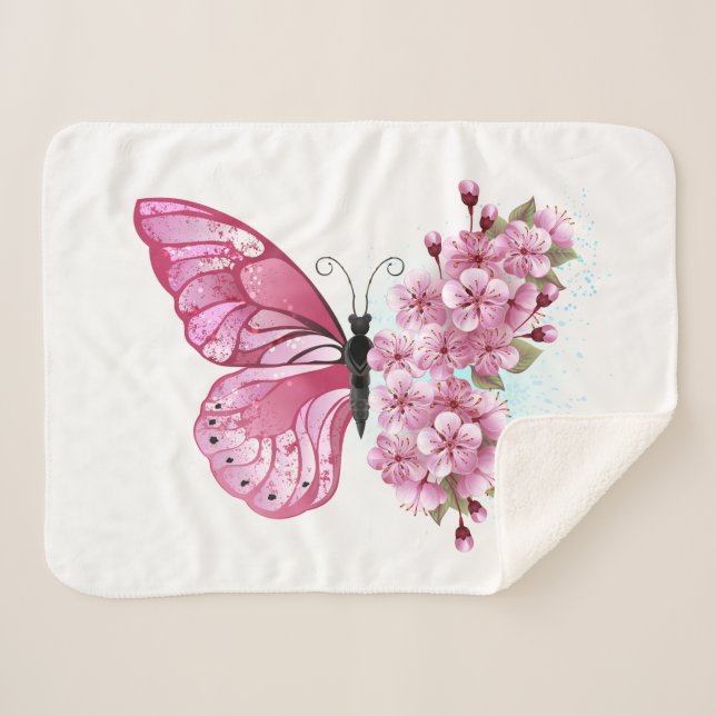Cobertor Sherpa Borboleta Flor com Sakura Rosa (Frente (Horizontal))