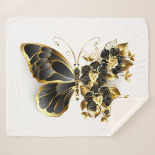 Cobertor Sherpa Borboleta Flor Dourada com Orquídea Preta