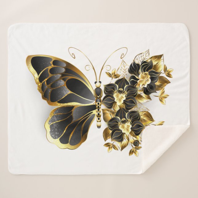 Cobertor Sherpa Borboleta Flor Dourada com Orquídea Preta (Frente (Horizontal))