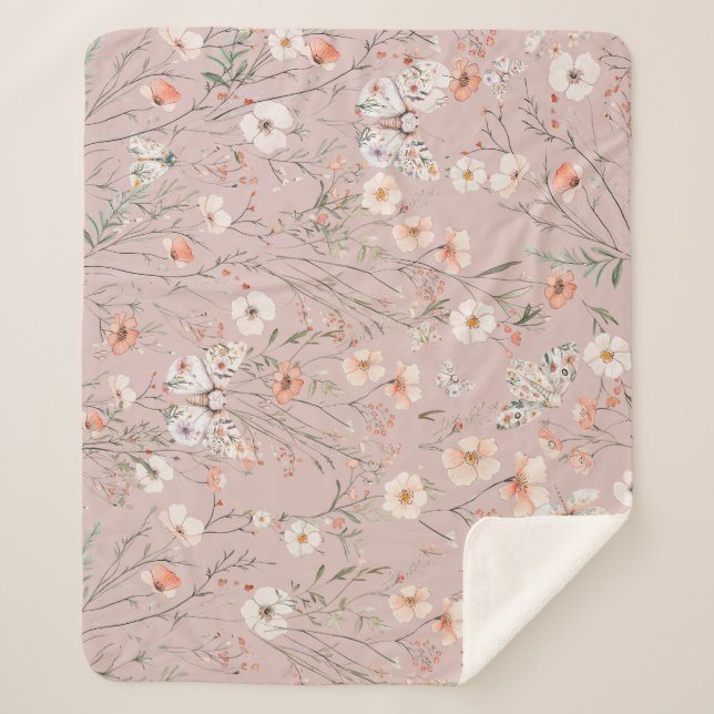 Cobertor Sherpa Borboleta Floral Boho Wildflower (Frente)