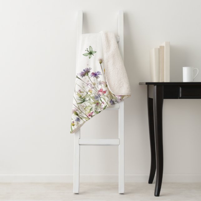 Cobertor Sherpa Borboletas de flores silvestres de aquarela clara (In Situ)