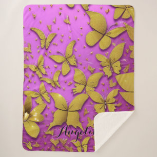Cobertor Sherpa Borboletas Douradas Brilhas Fundo Rosa