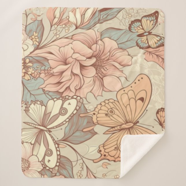 Cobertor Sherpa Borboletas e papéis para tecidos de flores (Frente)
