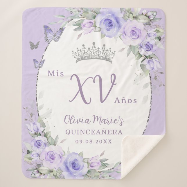 Cobertor Sherpa Borboletas Florais Roxas lavandas Quinceañera (Frente)