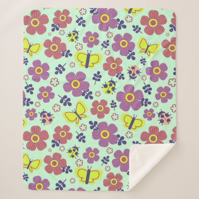 Cobertor Sherpa Borboletas Flores Folhas Para Estilo de Decoração  (Frente)