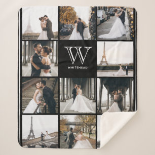 Cobertor Sherpa Borda de Fotos Quadrada do Monograma 11 Preta