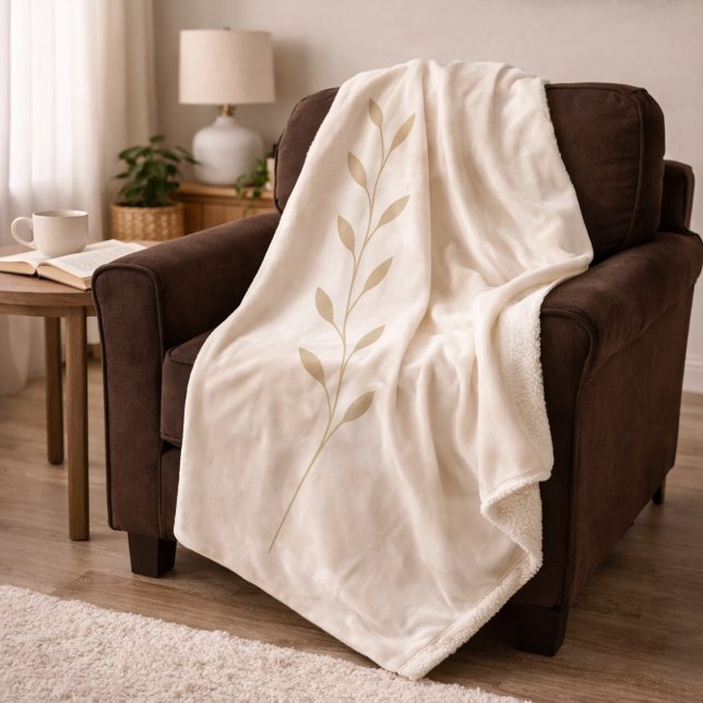 Cobertor Sherpa Botanica Bege Claro (Light beige botanica with a soft golden vine detail for relaxed, neutral living spaces.)
