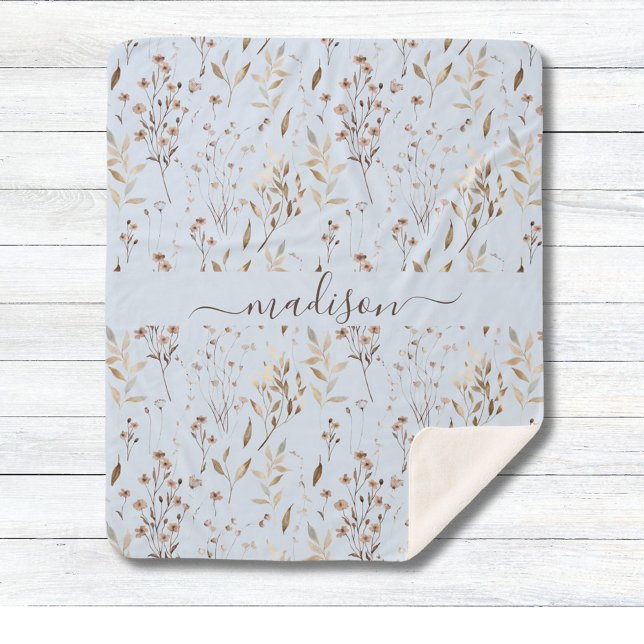 Cobertor Sherpa Botânica Floral Seca, Seca, Marrom, Monograma (Close up)