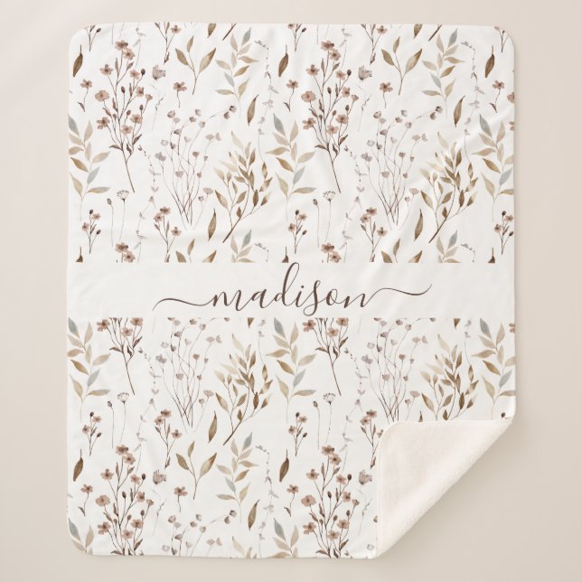 Cobertor Sherpa Botânica Floral Seca, Seca, Marrom, Monograma (Frente)
