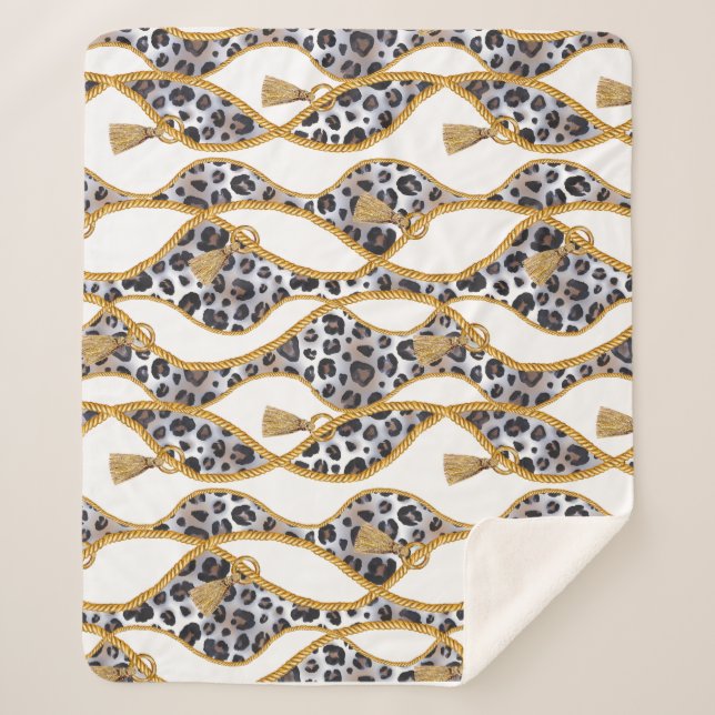 Cobertor Sherpa Branco sem costura e Impressão Geométrico Dourado. (Frente)