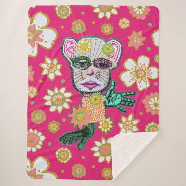 Cobertor Sherpa Bright Pink Drollery Floral por Natalie Schorr (Frente)