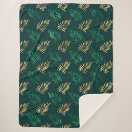 Cobertor Sherpa Brilho verde e Dourado nas folhas tropicais