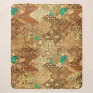 Cobertor Sherpa Brown Grunge Quilt Stars Hearts