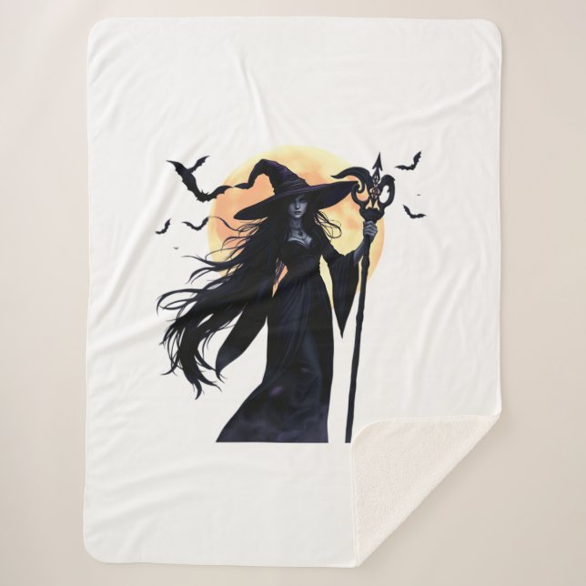 Cobertor Sherpa Bruxa Mística em Lua Cheia (Frente)